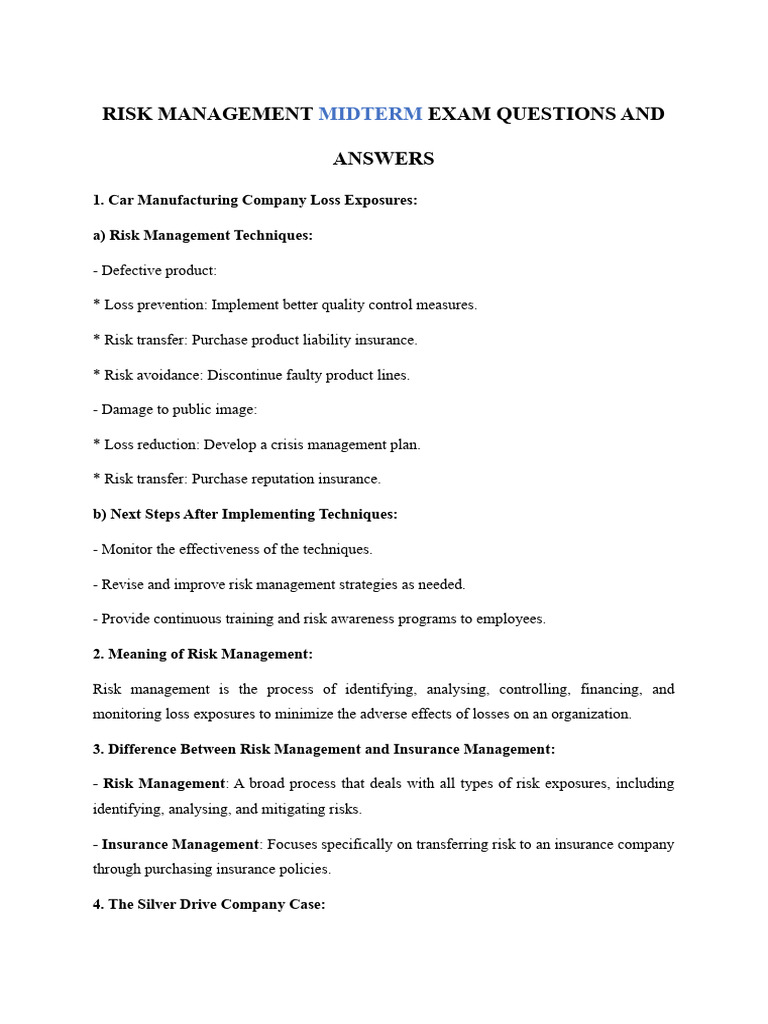 Risk Management Exam Questions & Answers | PDF | Insurance | Reinsurance