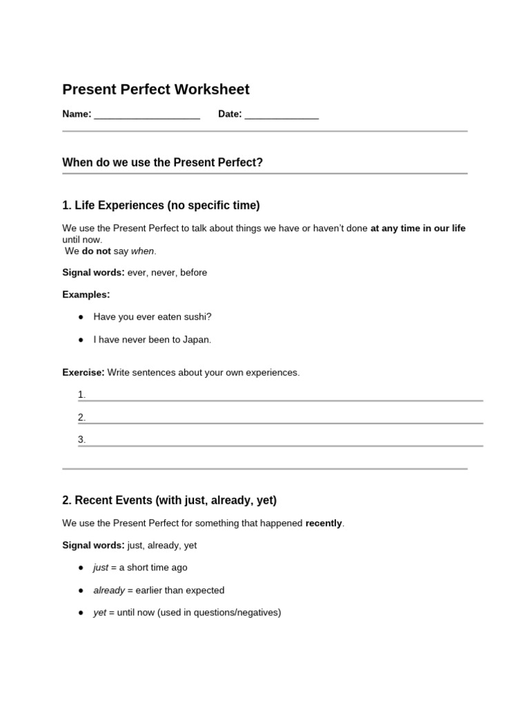 Present Perfect Tense Worksheet | PDF