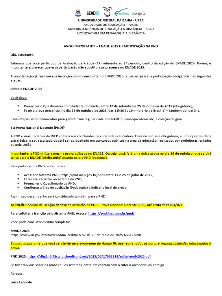 Aviso sobre ENADE e PND 2025 | PDF | Pedagogia