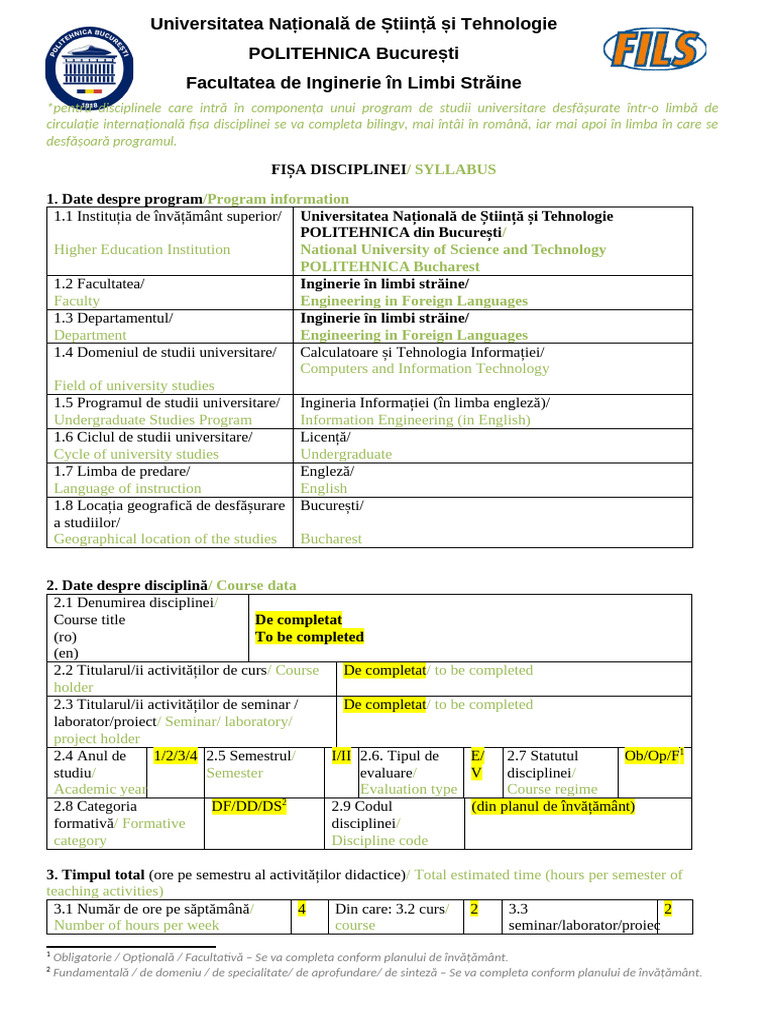Fisa Disciplinei FILS II Eng 2025 | PDF