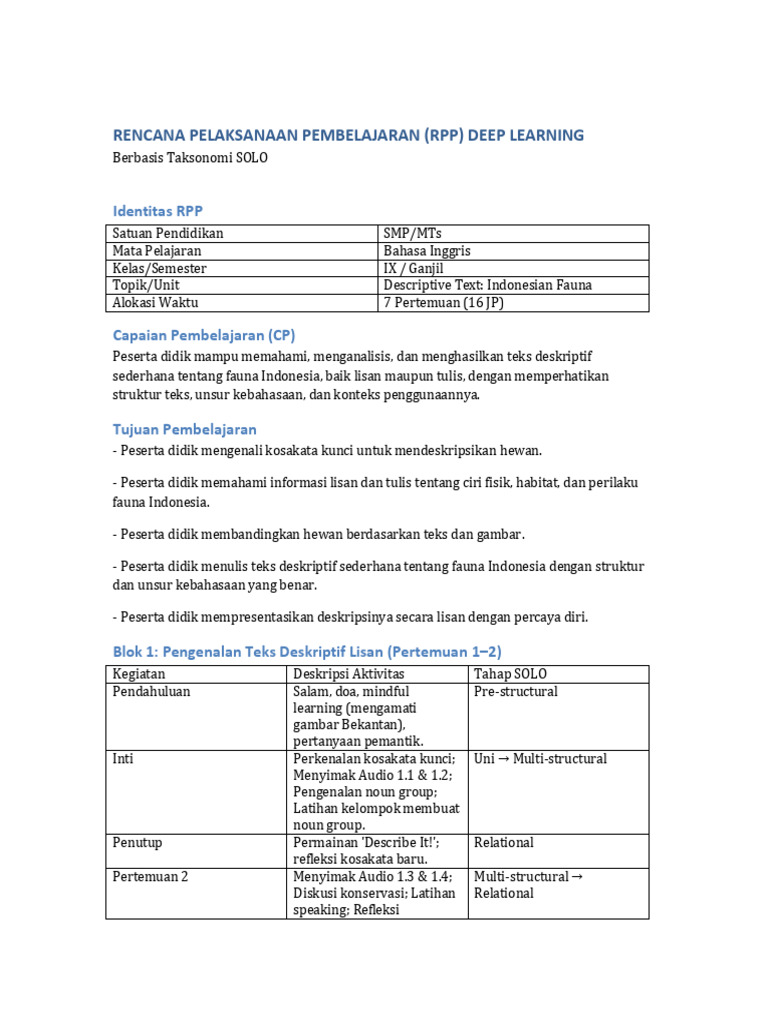 RPP Deep Learning Teks Deskriptif Fauna | PDF