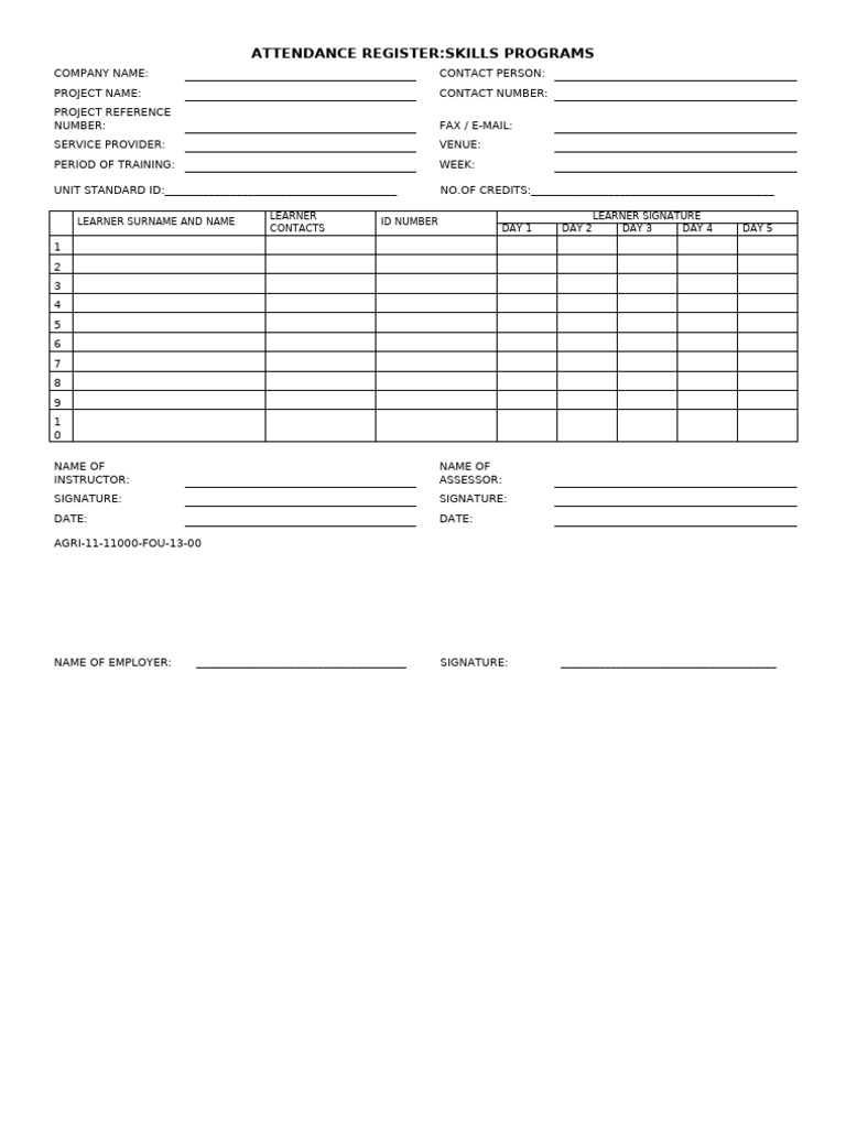 Skills Programs Attendance Register | PDF