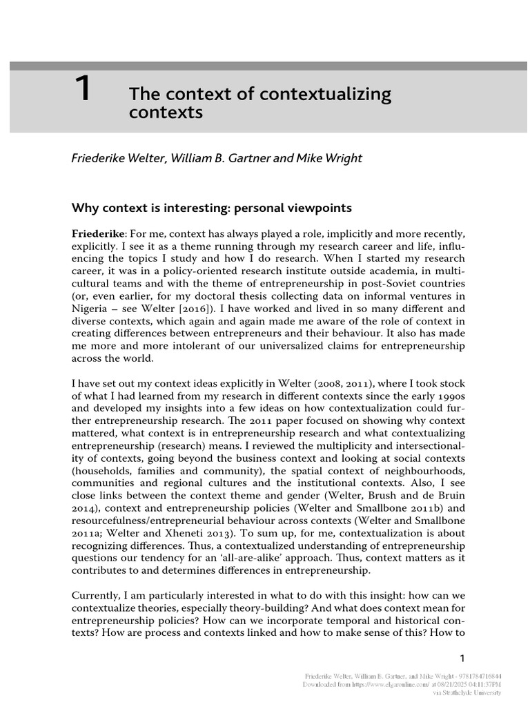 Contextualizing Entrepreneurship Research | PDF | Entrepreneurship | Theory