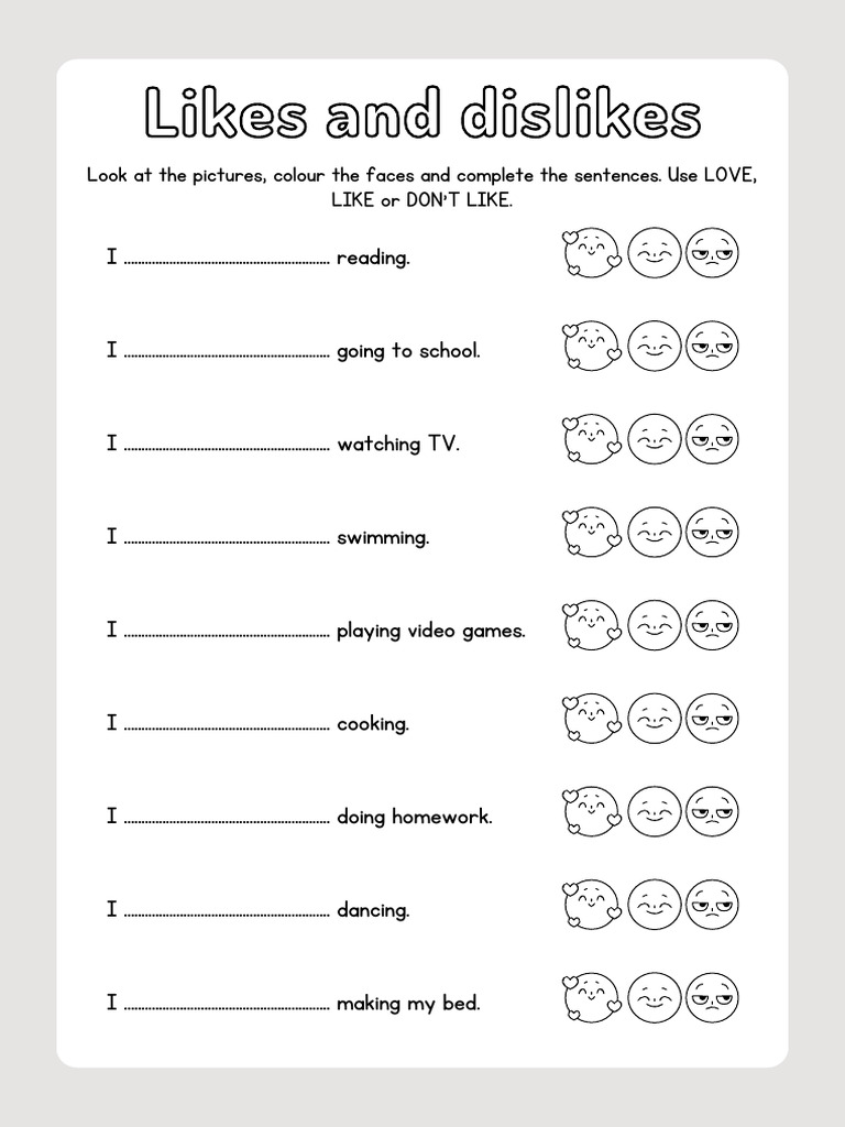 Monochrome Cartoon Likes and Dislikes Worksheet | PDF