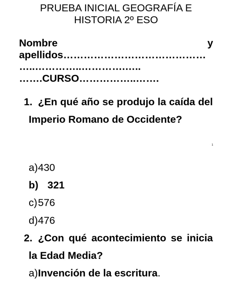 Prueba de Geografía e Historia 2º ESO | PDF | imperio Bizantino ...