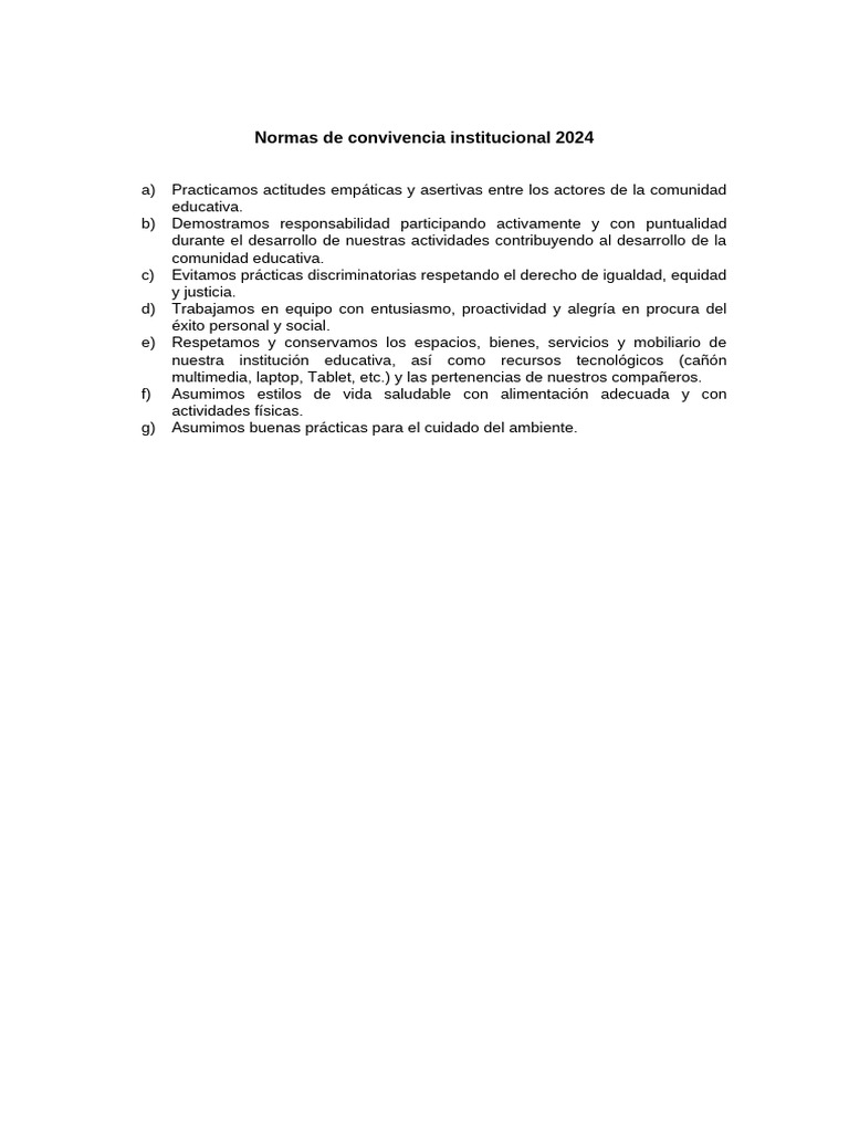 Normas de Convivencia 2024 en Educación | PDF