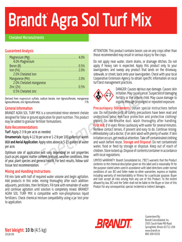 Brandt Agra Sol Turf Mix Label | PDF | Fertilizer | Implied Warranty