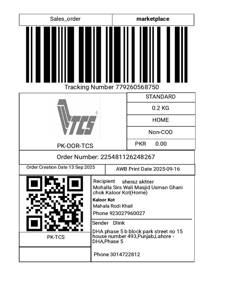 Tracking Number 779260568750: Sales - Order | PDF