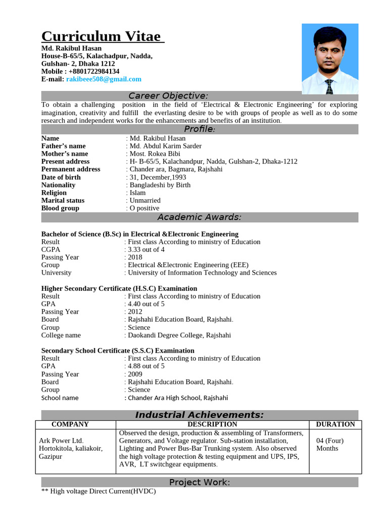 Electrical Engineer CV of Md. Rakibul Hasan | PDF | Computing ...