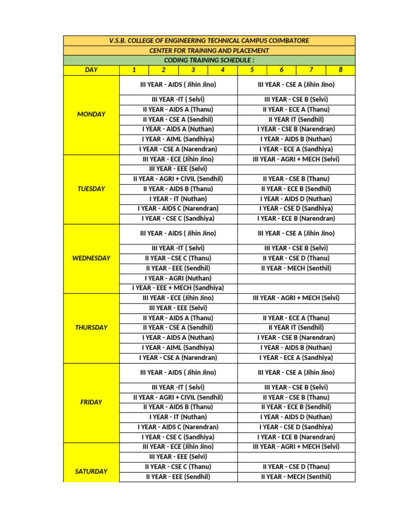 VSB College Coding Training Schedule | PDF