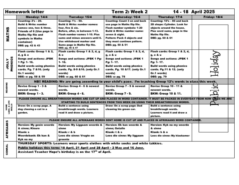Term 2 Week 2 Homework Overview | PDF | Phonics | Education Theory