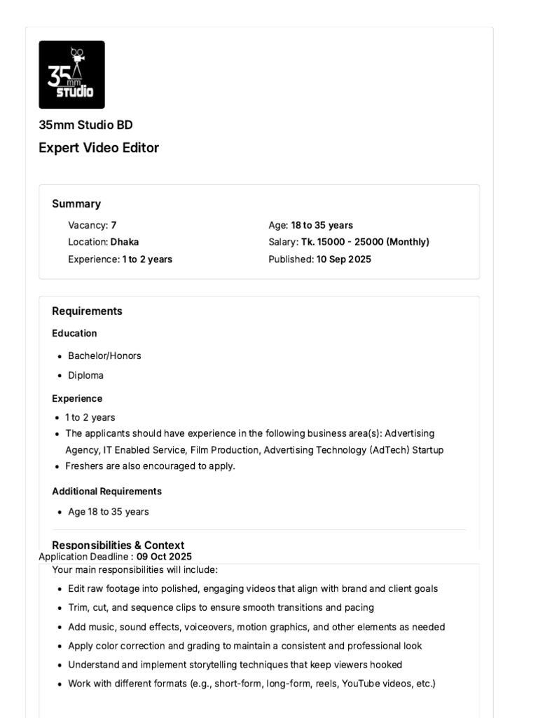 Video Editor Vacancy at 35mm Studio BD | PDF | Employment | Editing