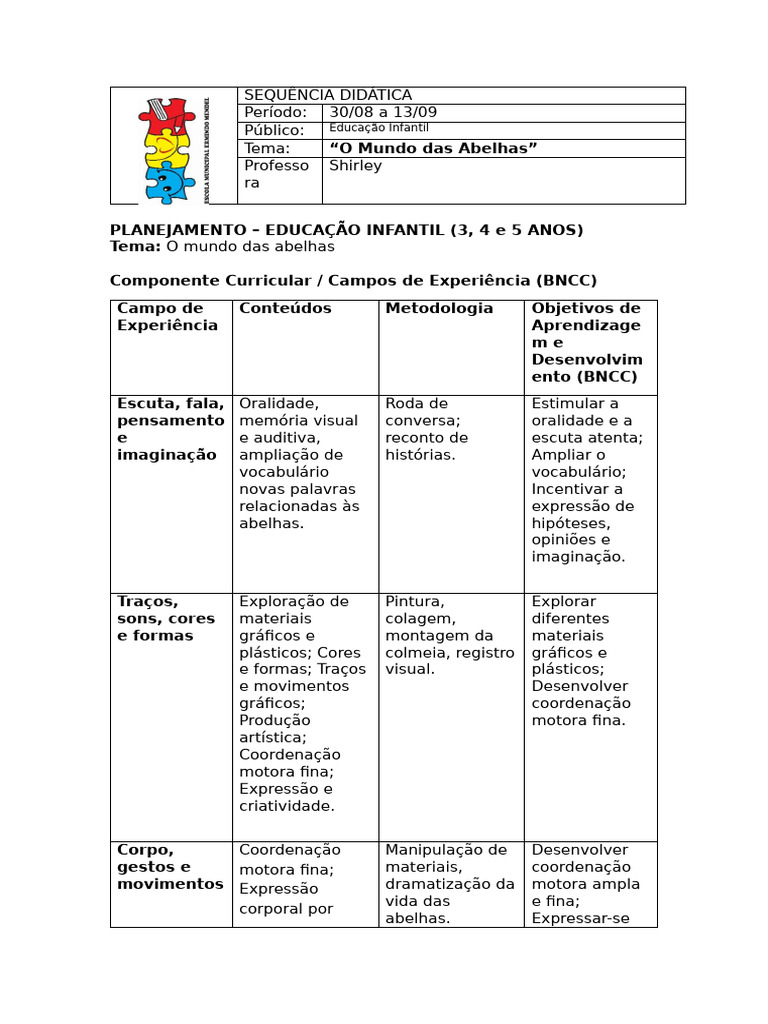 Planejamento Educação Infantil | PDF | Abelhas | Mel