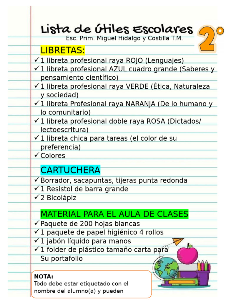 Lista de Utiles Escolares 2do Grado | PDF