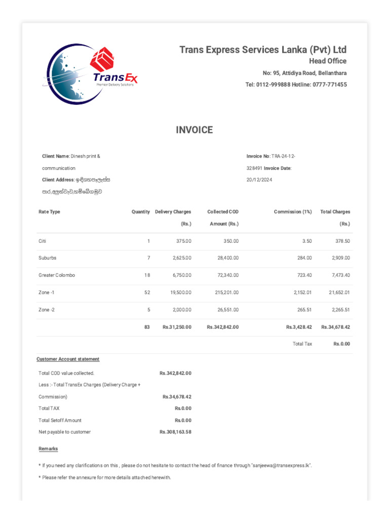 Trans Express Invoice Summary | PDF