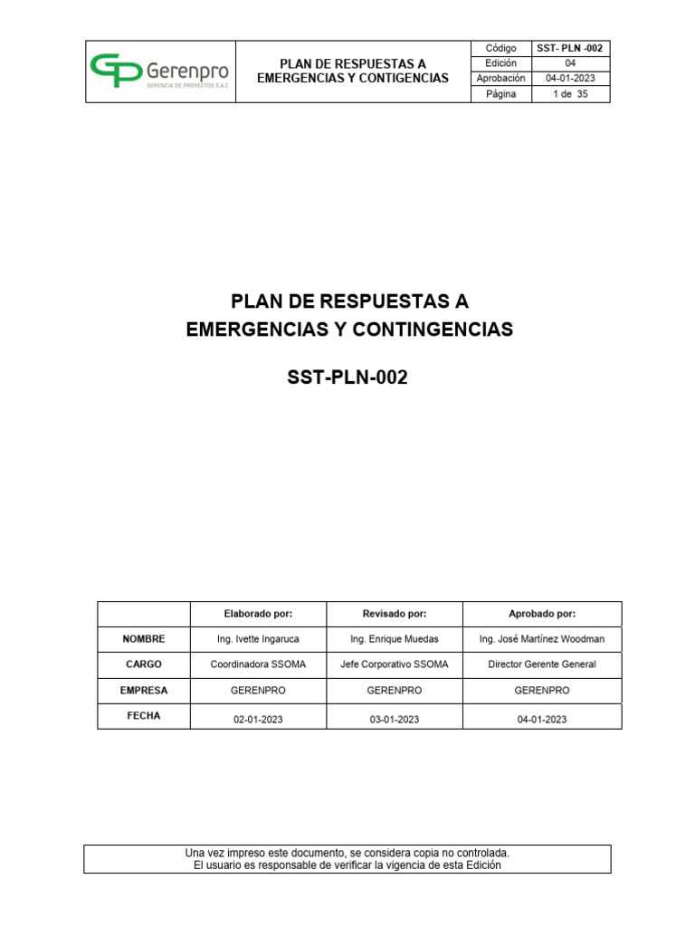 Plan de Respuesta a Emergencias SST-PLN-002 | PDF | Seguridad y salud ...
