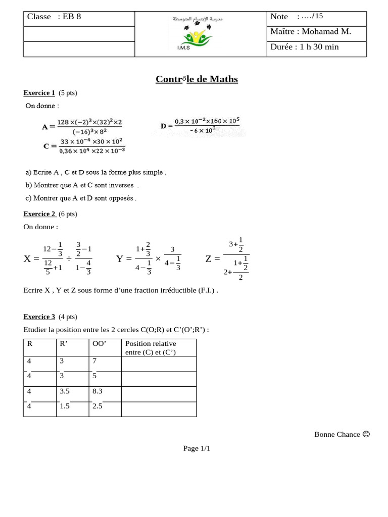 Contrôle de Maths EB 8 : Exercices et Fractions | PDF