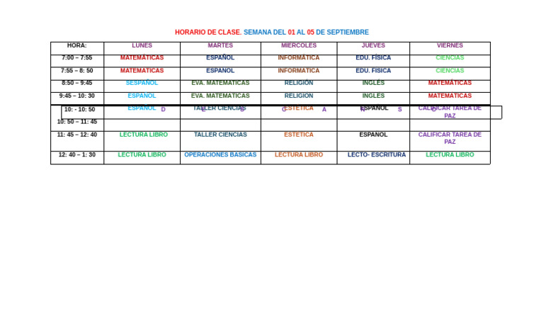 Horario de Clases: 1-5 Septiembre | PDF