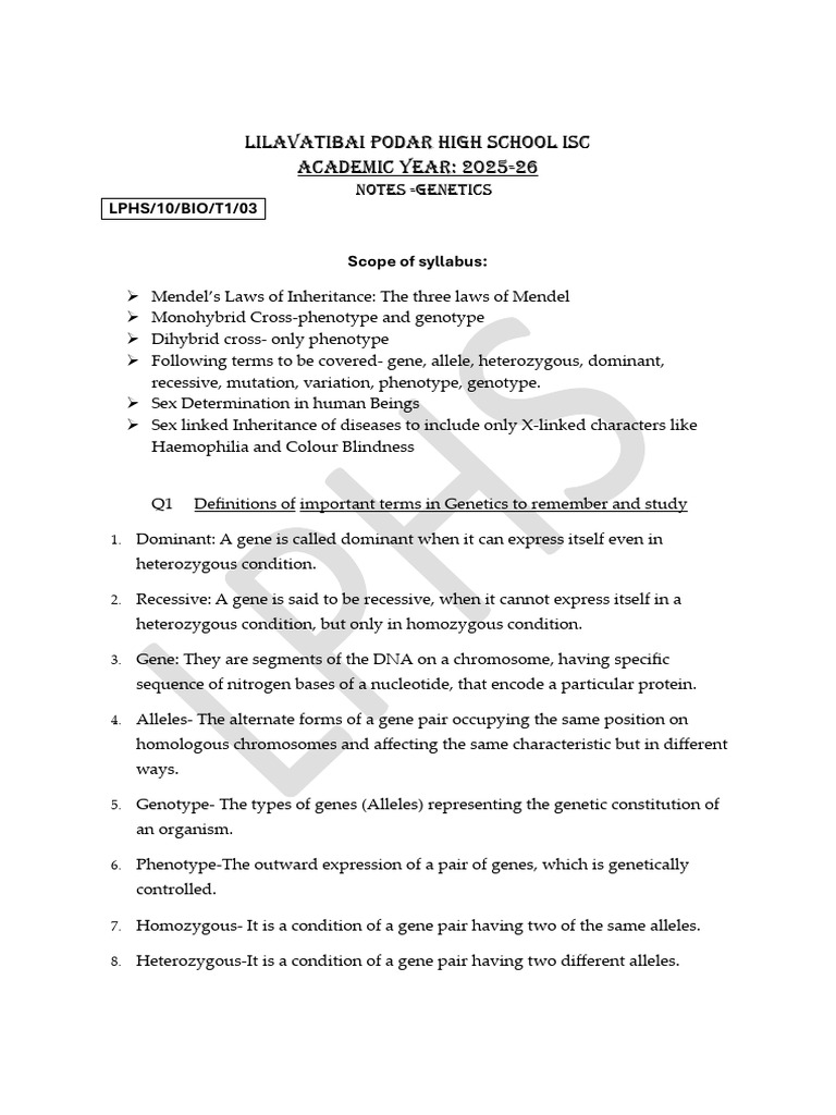 Genetics Syllabus for LPHS 2025-26 | PDF | Dominance (Genetics) | Allele