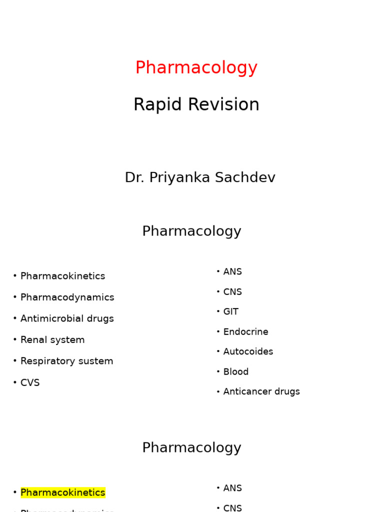Pharmacology Quick Revision Guide | PDF | Bioavailability | Drugs