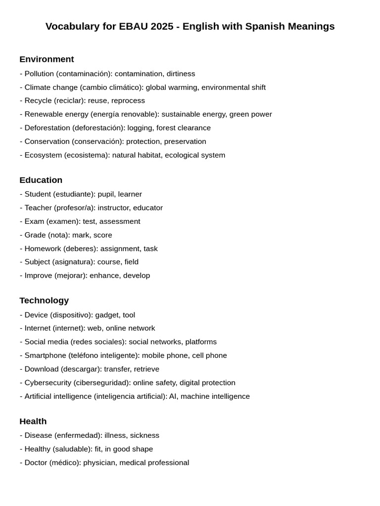 Vocabulary EBAU 2025 With Meanings | PDF | Anxiety