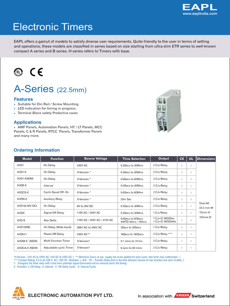 EAPL A-Series Electronic Timers | PDF | Relay | Mains Electricity