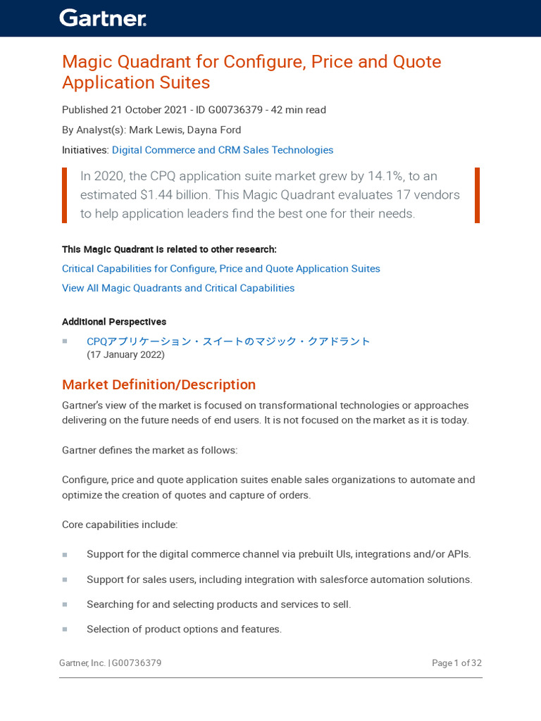 Magic Quadrant for CPQ Application Suites | PDF | Customer Relationship ...