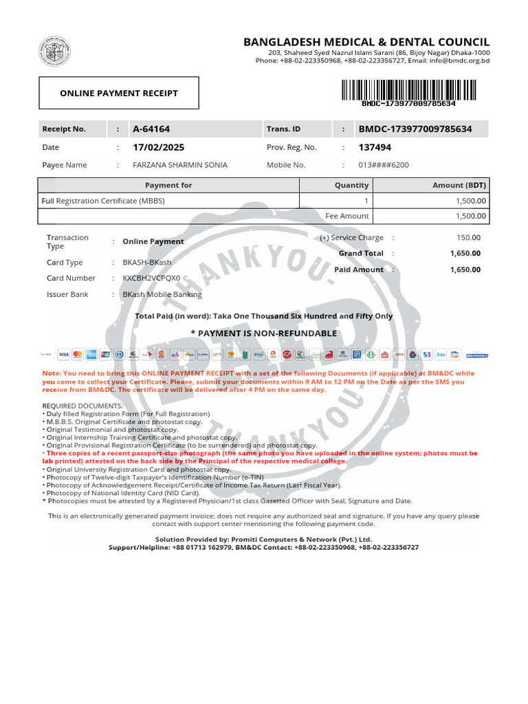 BMDC Online Registration Payment Receipt | PDF | Payments | Receipt