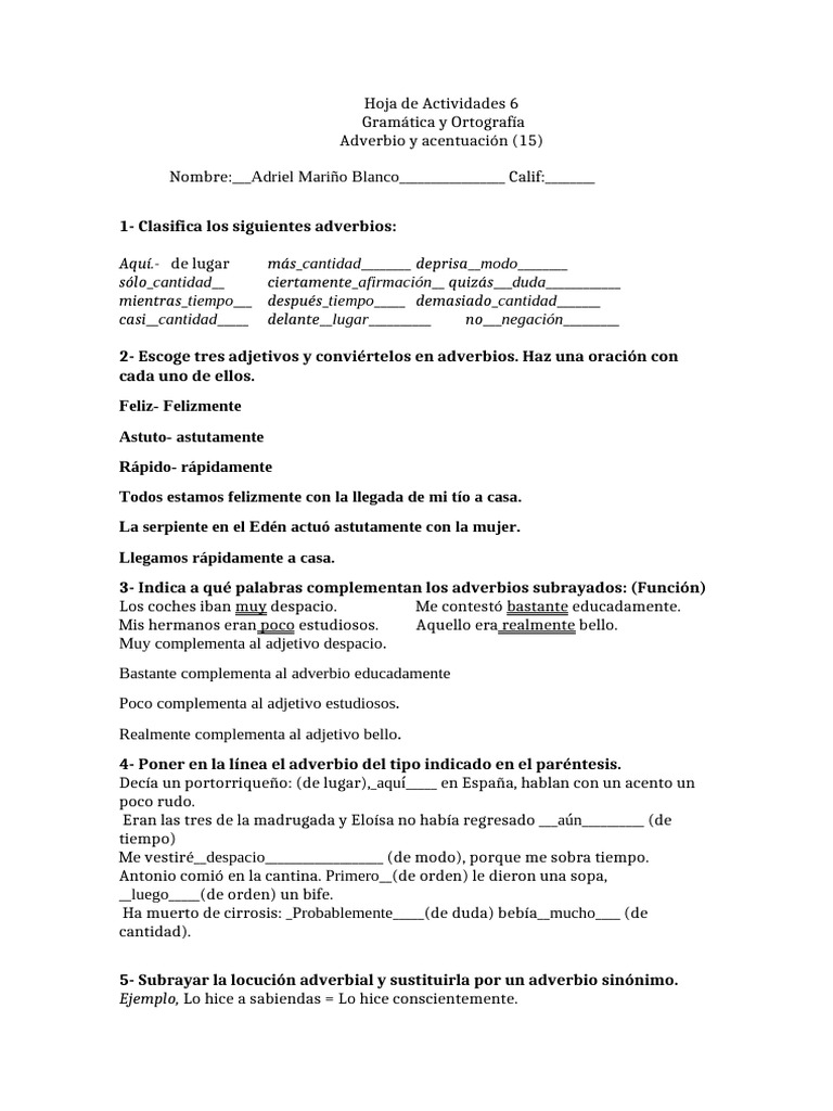 Hoja de Actividades 6 Adverbio y Acentuaci - N | PDF | Adverbio ...