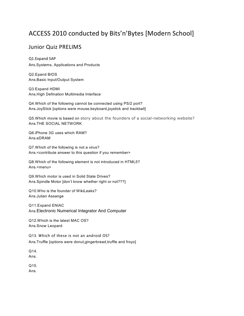 ACCESS 2010 Junior Quiz Prelims | PDF