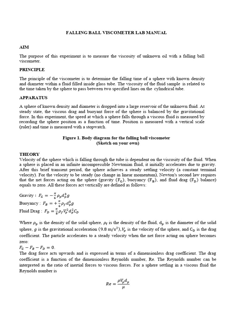 Falling Ball Viscometer Lab Guide | PDF | Reynolds Number | Force