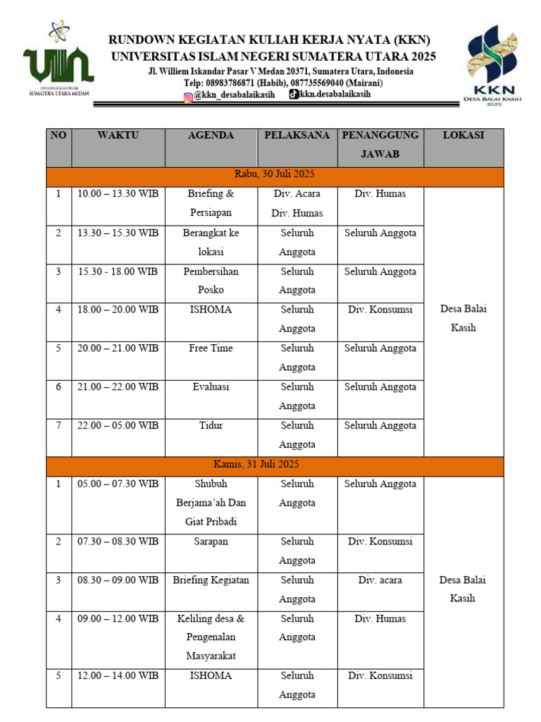 Draft Rundown KKN Desa Balai Kasih 2025 | PDF