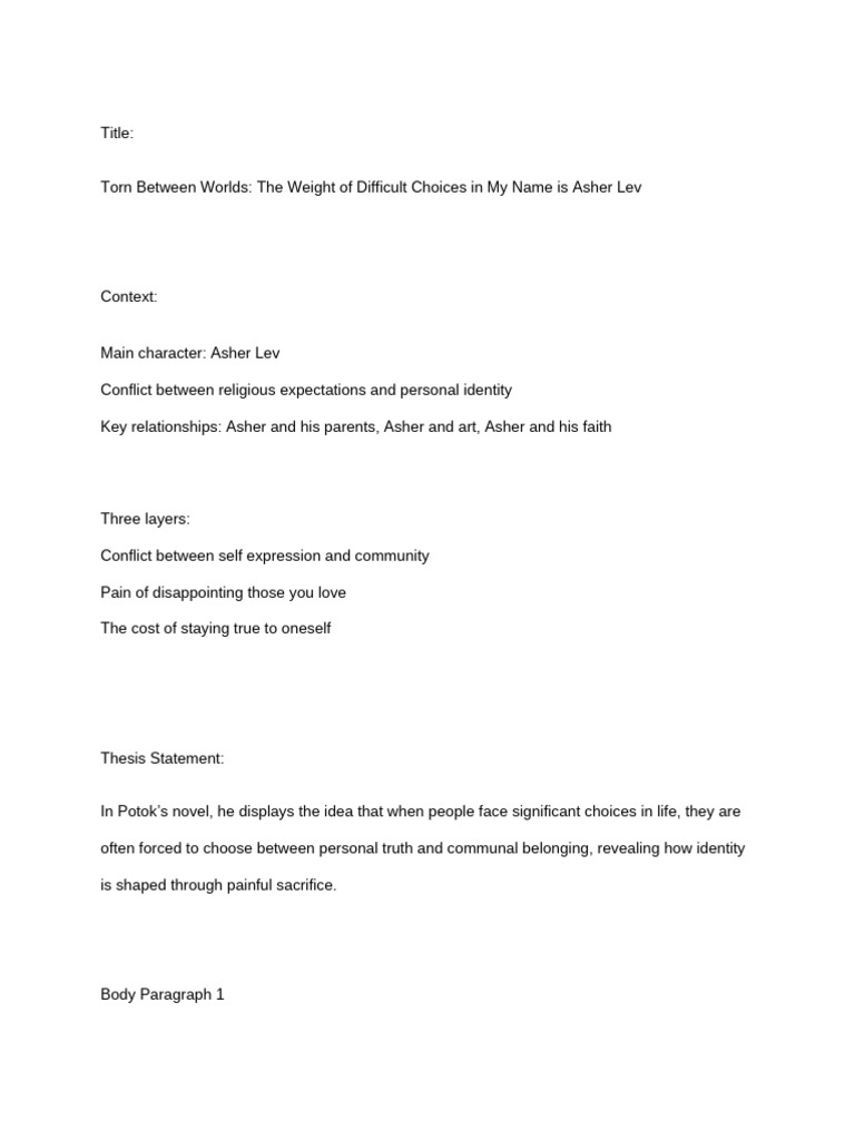 My Name Is Asher Lev Essay Outline | PDF | Social Psychology