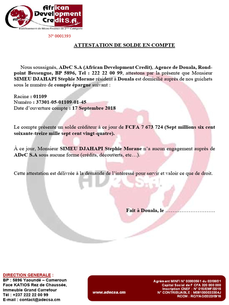 Attestation de Solde en Compte Simeu D | PDF