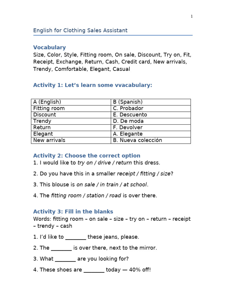 English for Clothing Sales Assistants | PDF | Fashion | Clothing