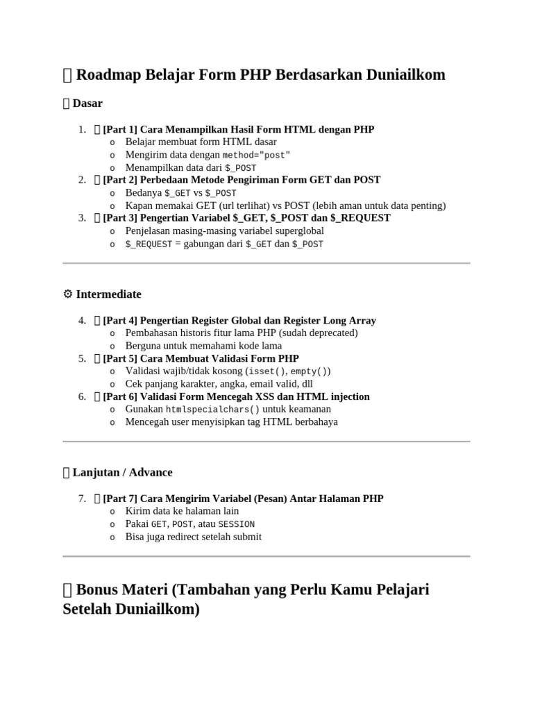 Roadmap Belajar Form PHP Lengkap | PDF