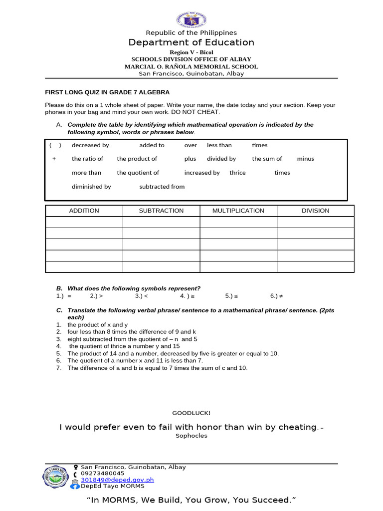 Grade 7 Algebra Long Quiz Guide | PDF | Elementary Mathematics | Number ...