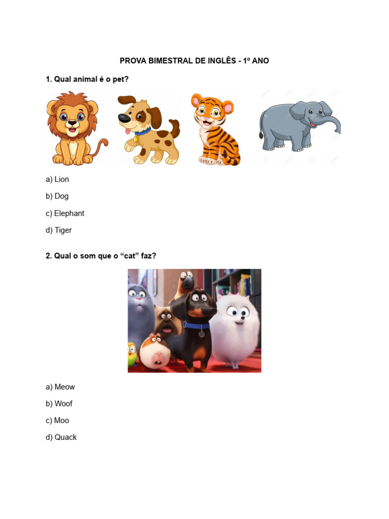 Prova Bimestral de Inglês - 1º Ano | PDF