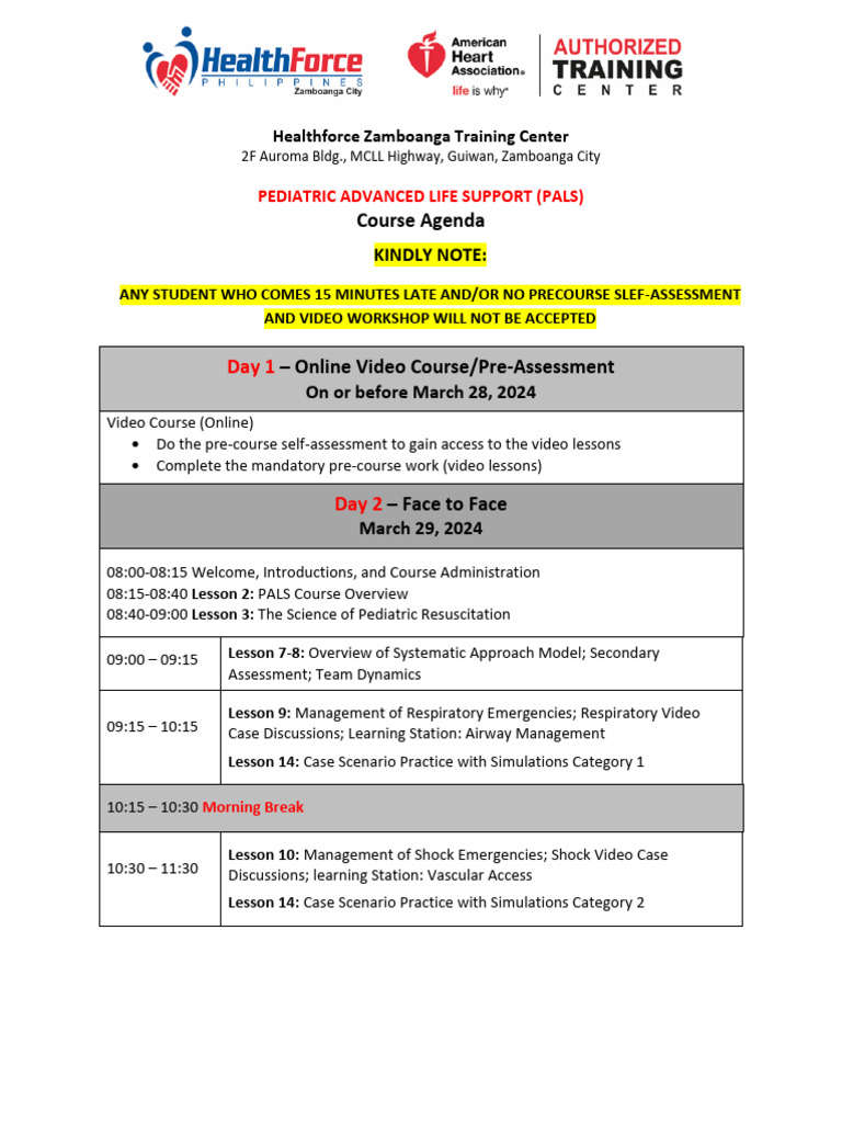 PALS Course Agenda - Healthforce Zamboanga | PDF