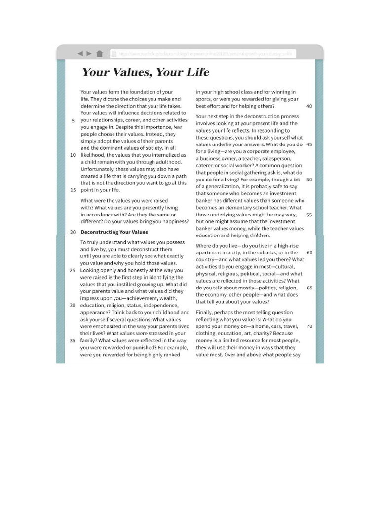 Your Values, Your Life - Reading 1 | PDF