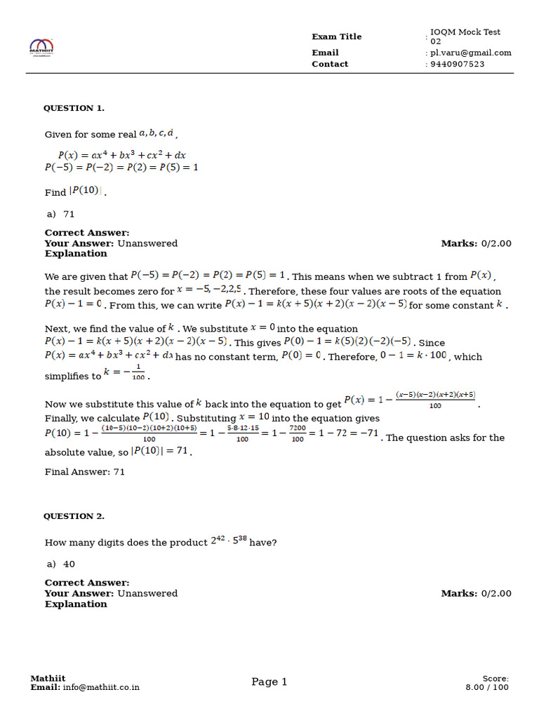 IOQM Mock Test Solutions and Explanations | PDF | Circle | Triangle