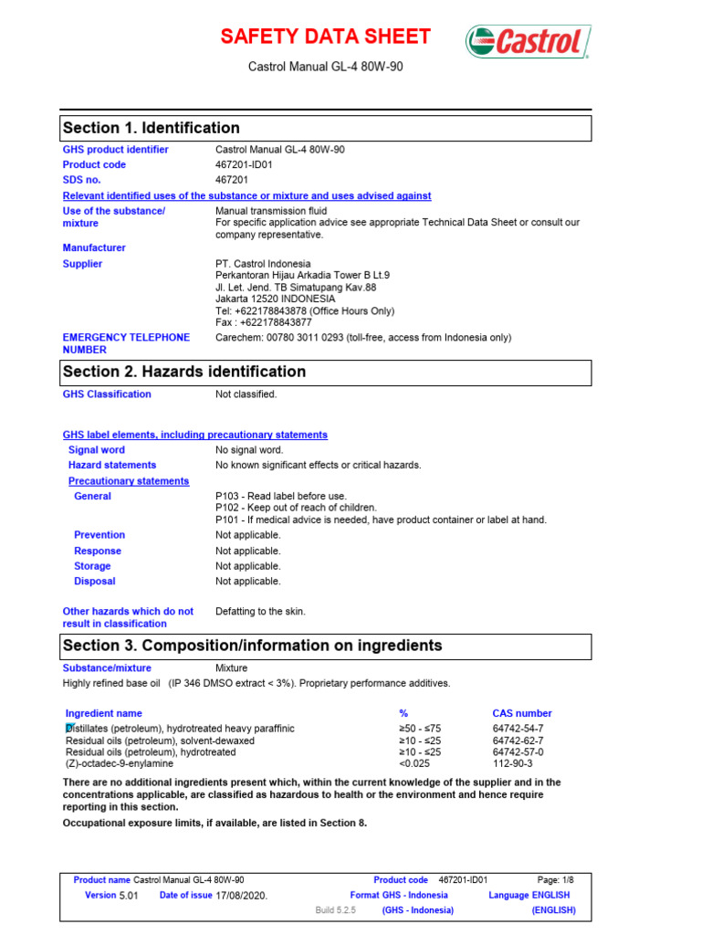 Castrol GL-4 80W-90 Safety Data Sheet | PDF | Safety | Occupational ...