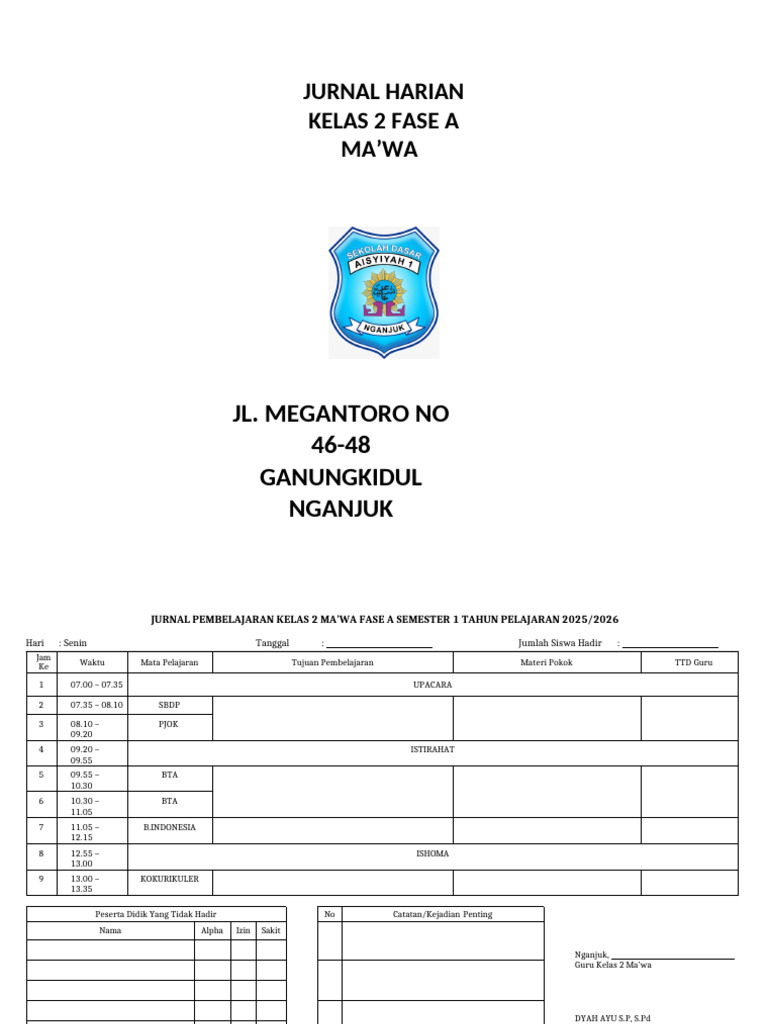 Jurnal Pembelajaran Kelas 2 Ma'wa 2025 | PDF