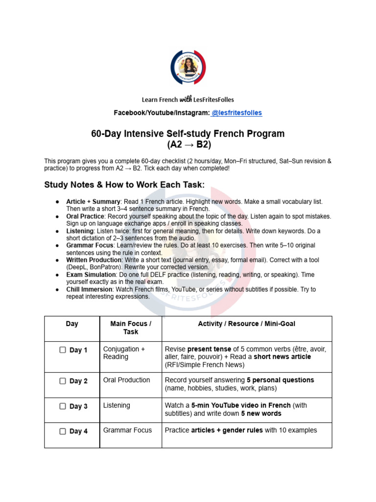60-Day French Program A2 to B2 Guide | PDF | Grammatical Conjugation ...