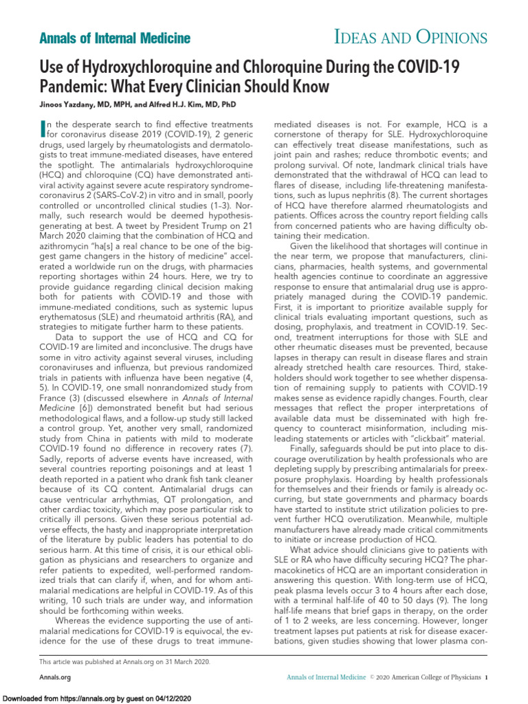 Use of Hydroxychloroquine and Chloroquine During The COVID-19 Pandemic ...