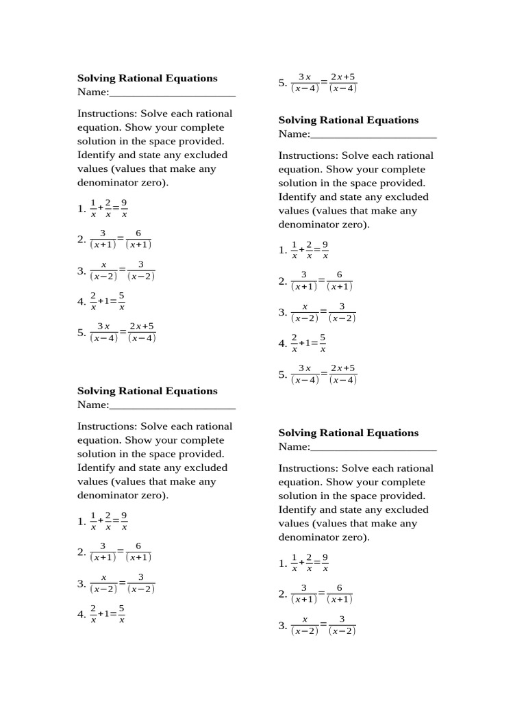 Solving Rational Equations Worksheet | PDF
