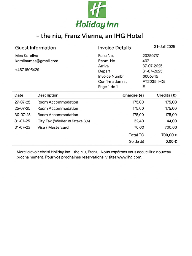 Invoice HolidayInn 2025 | PDF