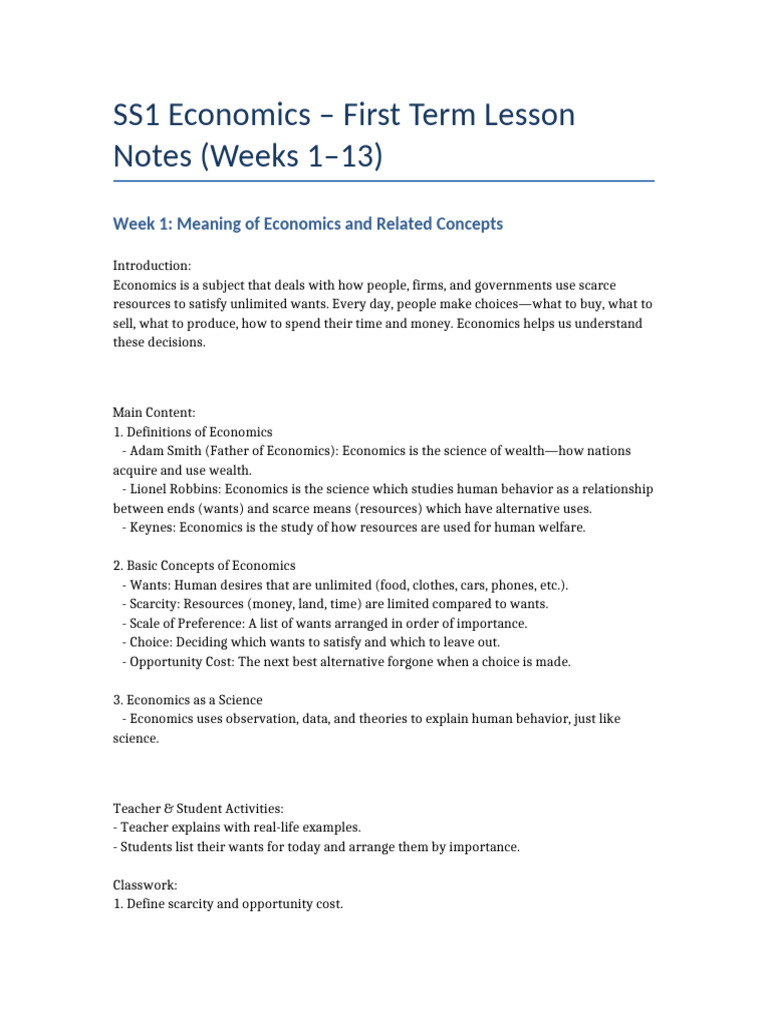 SS1 Economics First Term Lesson Notes | PDF | Demand | Supply (Economics)