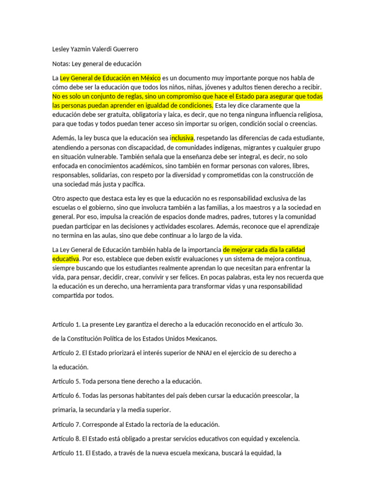 Ley General de Educación en México | PDF | Educación de la primera ...