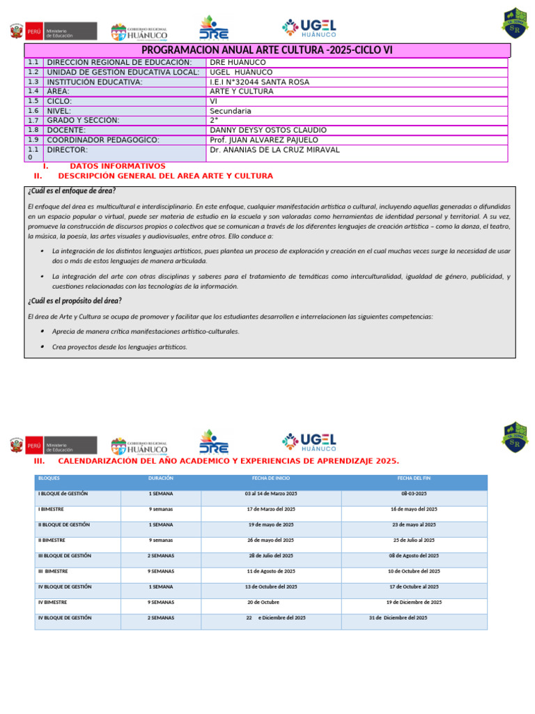 Programación Anual Arte y Cultura 2025 | PDF | Aprendizaje | Evaluación